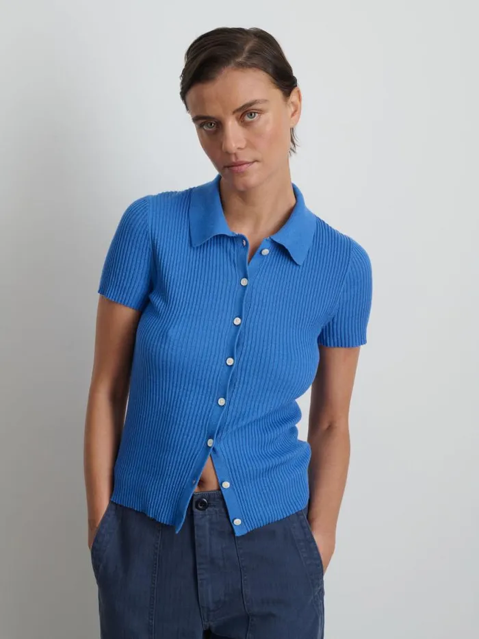 Alex Mill Suzanne Ribbed Polo Cosmic Blue Women Shirts Tops Alex Mill Suzanne Ribbed Polo Cosmic Blue Women Shirts Tops