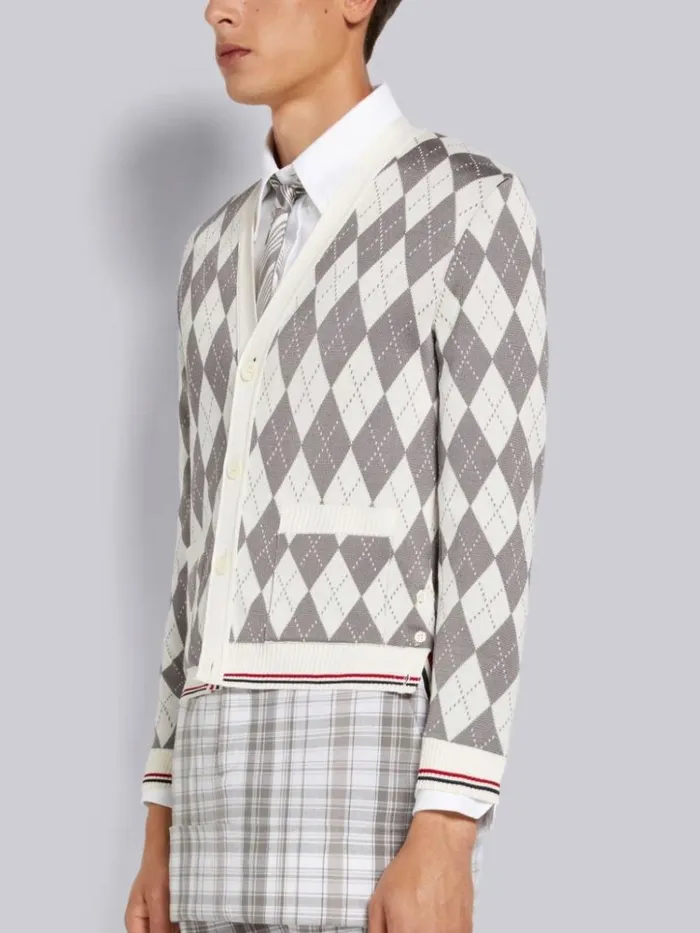 Argyle Cotton Silk Stripe Tipping Vneck Cardigan Light Grey Men Thom Browne Knitwear