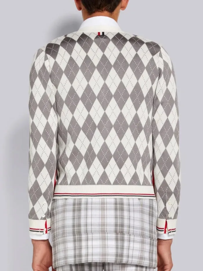 Argyle Cotton Silk Stripe Tipping Vneck Cardigan Light Grey Men Thom Browne Knitwear