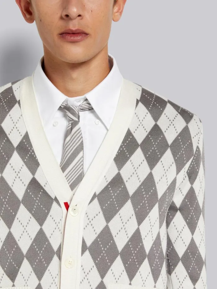 Argyle Cotton Silk Stripe Tipping Vneck Cardigan Light Grey Men Thom Browne Knitwear