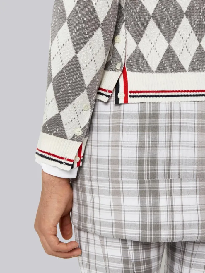 Argyle Cotton Silk Stripe Tipping Vneck Cardigan Light Grey Men Thom Browne Knitwear