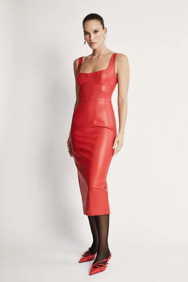 Bardot Day To Night Dresses Women Kassy Vegan Leather Dress In Famous Red Famous Red Bardot Day To Night Dresses Women Kassy Vegan Leather Dress In Famous Red Famous Red