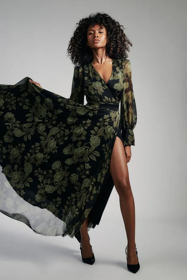 Bardot Day To Night Dresses Women Lucianna Maxi Wrap Dress In Green Flo Green Flo Bardot Day To Night Dresses Women Lucianna Maxi Wrap Dress In Green Flo Green Flo