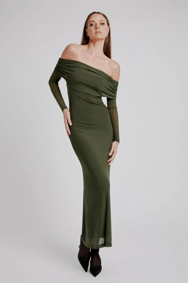 Bardot Day To Night Dresses Women Saphia Mesh Maxi Dress In Khaki Khaki