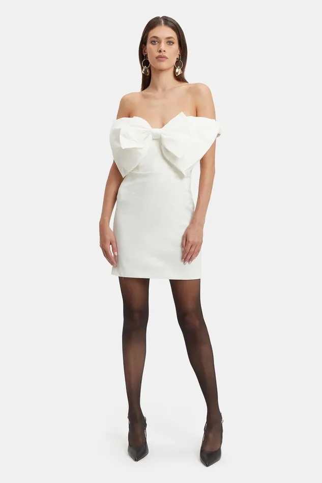 Bardot Party Dresses Women Mini Bow Dress In White White Bardot Party Dresses Women Mini Bow Dress In White White