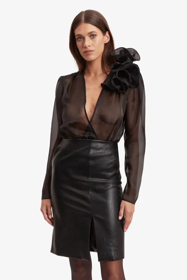 Bardot Party Tops Women Galia Organza Wrap Bodysuit In Black Black Bardot Party Tops Women Galia Organza Wrap Bodysuit In Black Black