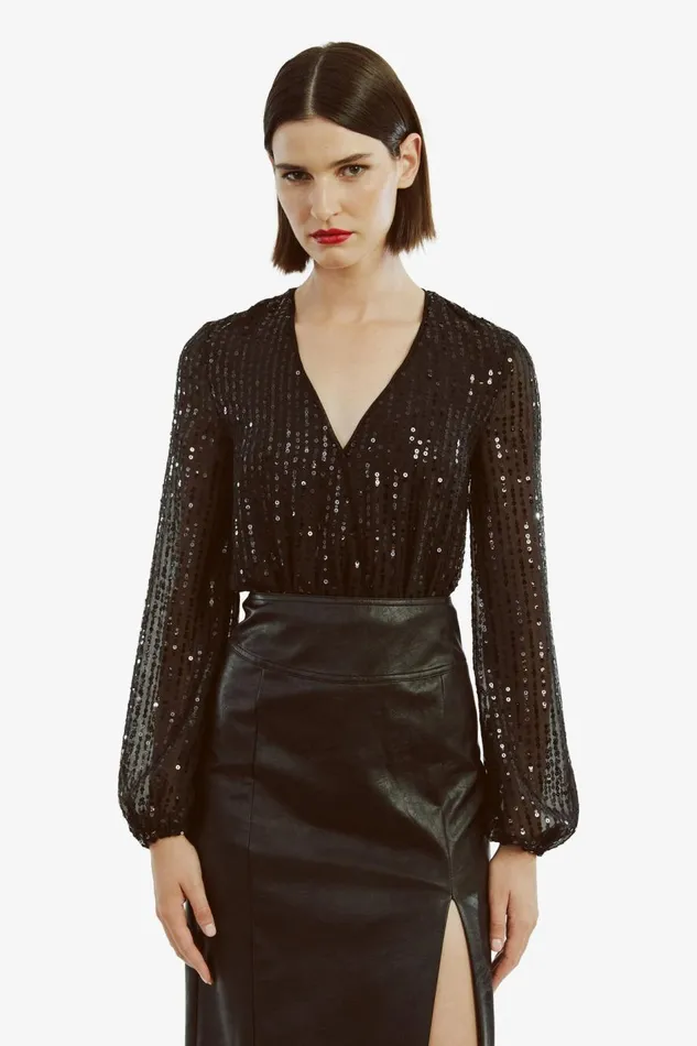 Bardot Party Tops Women Sequin Wrap Bodysuit In Black Black Bardot Party Tops Women Sequin Wrap Bodysuit In Black Black