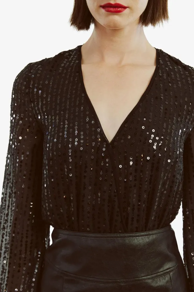 Bardot Party Tops Women Sequin Wrap Bodysuit In Black Black Bardot Party Tops Women Sequin Wrap Bodysuit In Black Black