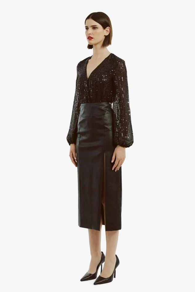 Bardot Party Tops Women Sequin Wrap Bodysuit In Black Black Bardot Party Tops Women Sequin Wrap Bodysuit In Black Black