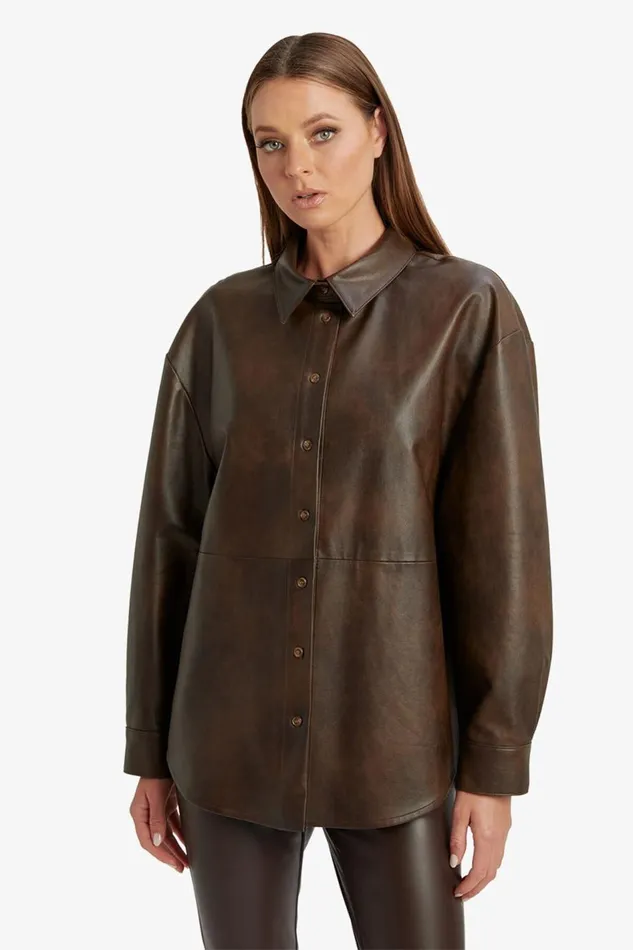 Bardot Shirts and Blouses Women Jaedon Vegan Leather Shirt In Dark Chocolate Dark Chocolate Bardot Shirts and Blouses Women Jaedon Vegan Leather Shirt In Dark Chocolate Dark Chocolate