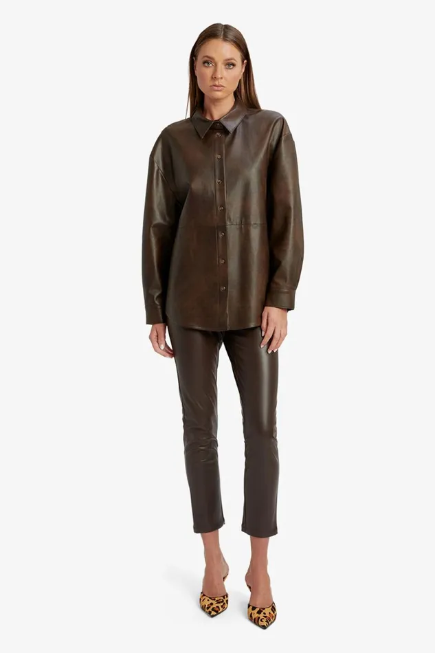 Bardot Shirts and Blouses Women Jaedon Vegan Leather Shirt In Dark Chocolate Dark Chocolate Bardot Shirts and Blouses Women Jaedon Vegan Leather Shirt In Dark Chocolate Dark Chocolate