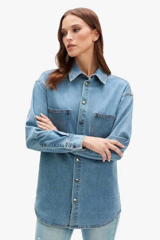 Bardot Shirts and Blouses Women Oversized Denim Shirt In Acid Acid Bardot Shirts and Blouses Women Oversized Denim Shirt In Acid Acid