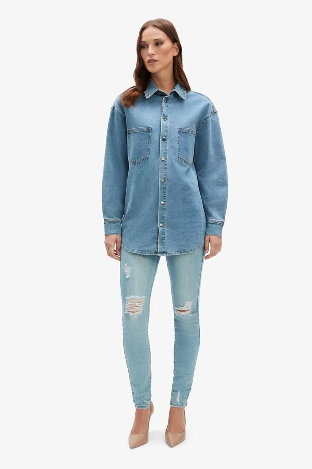 Bardot Shirts and Blouses Women Oversized Denim Shirt In Acid Acid Bardot Shirts and Blouses Women Oversized Denim Shirt In Acid Acid