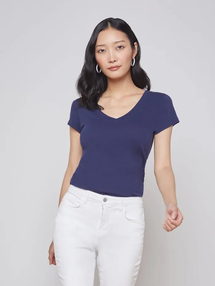 Becca Cotton VNeck Tee Navy Women L039Agence Tees