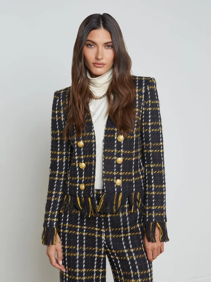 Belmont Fringe Jacket Black Yellow Multi Plaid Women L039Agence Blazers and Jackets
