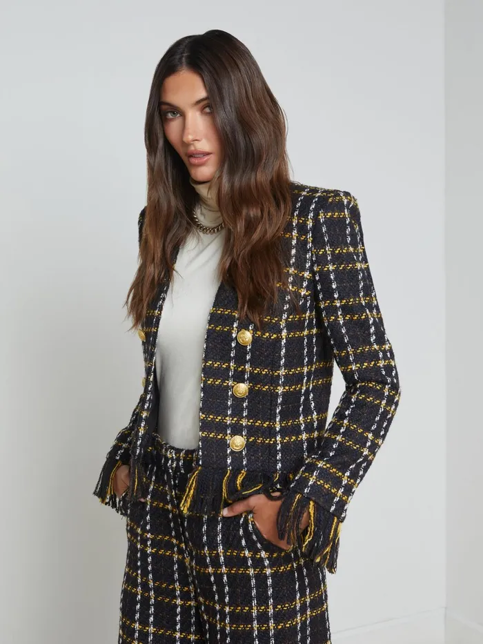 Belmont Fringe Jacket Black Yellow Multi Plaid Women L039Agence Blazers and Jackets Belmont Fringe Jacket Black Yellow Multi Plaid Women L039Agence Blazers and Jackets