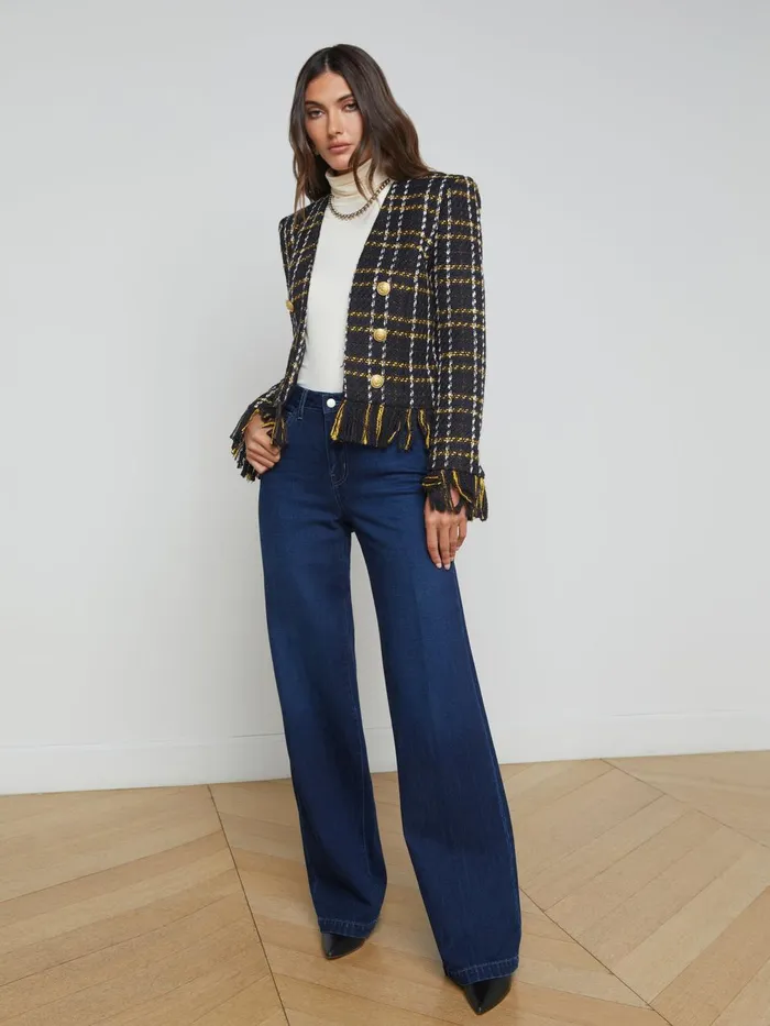 Belmont Fringe Jacket Black Yellow Multi Plaid Women L039Agence Blazers and Jackets Belmont Fringe Jacket Black Yellow Multi Plaid Women L039Agence Blazers and Jackets