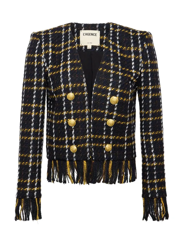Belmont Fringe Jacket Black Yellow Multi Plaid Women L039Agence Blazers and Jackets Belmont Fringe Jacket Black Yellow Multi Plaid Women L039Agence Blazers and Jackets