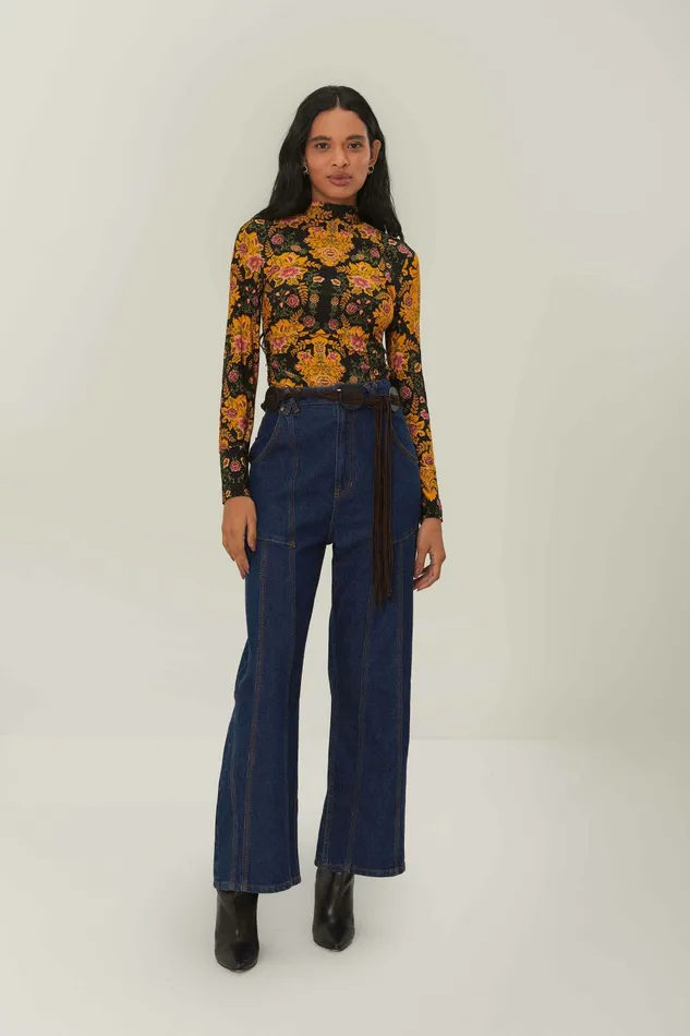 Black Arabesque Floral Jersey Blouse Women FARM Rio Blouses