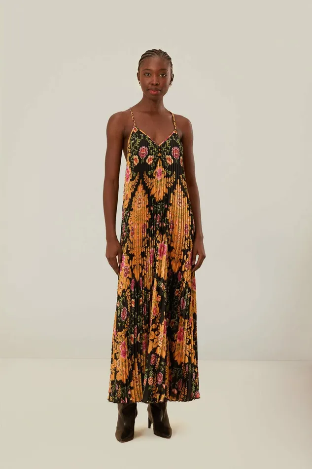 Black Arabesque Floral Pleated Midi Dress Women FARM Rio Midi Dresses