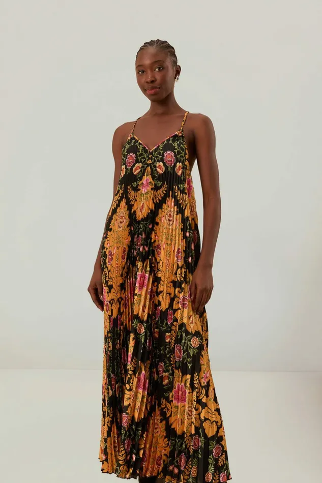 Black Arabesque Floral Pleated Midi Dress Women FARM Rio Midi Dresses Black Arabesque Floral Pleated Midi Dress Women FARM Rio Midi Dresses