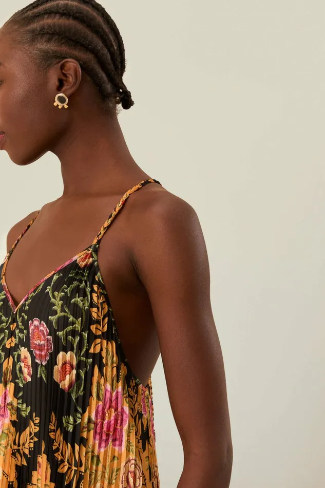 Black Arabesque Floral Pleated Midi Dress Women FARM Rio Midi Dresses Black Arabesque Floral Pleated Midi Dress Women FARM Rio Midi Dresses