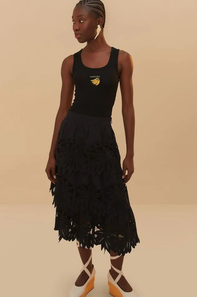 Black Daisy Embroidered Midi Skirt Women FARM Rio Skirts