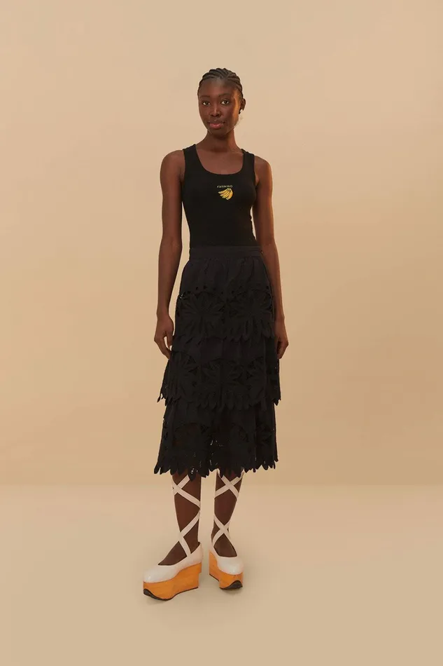 Black Daisy Embroidered Midi Skirt Women FARM Rio Skirts Black Daisy Embroidered Midi Skirt Women FARM Rio Skirts