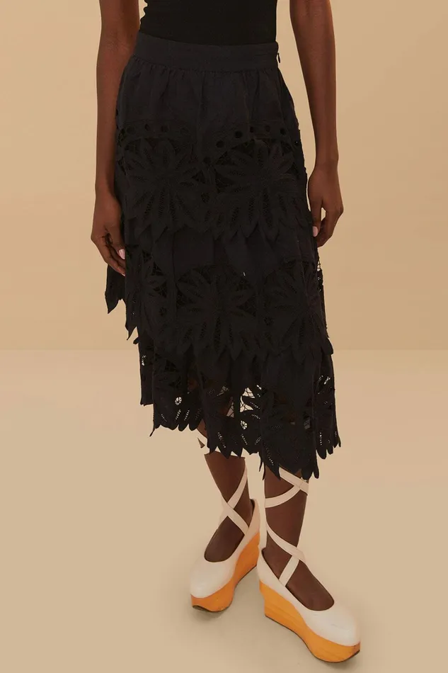 Black Daisy Embroidered Midi Skirt Women FARM Rio Skirts Black Daisy Embroidered Midi Skirt Women FARM Rio Skirts