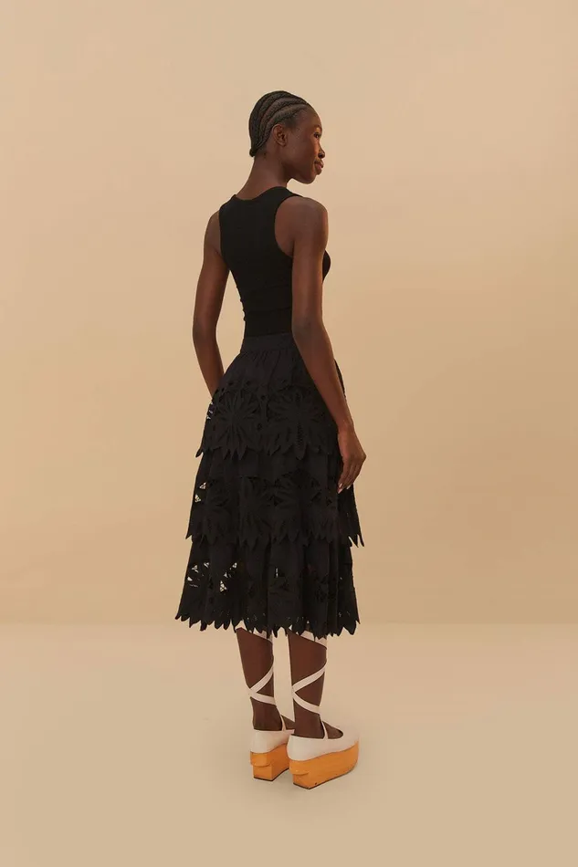 Black Daisy Embroidered Midi Skirt Women FARM Rio Skirts Black Daisy Embroidered Midi Skirt Women FARM Rio Skirts
