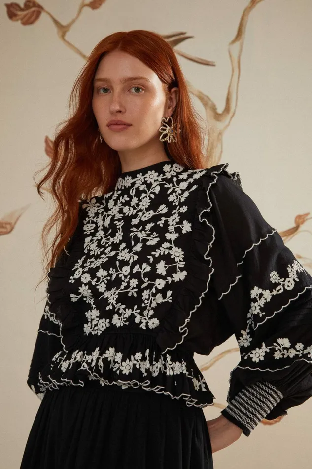 Black Embroidered Ruffle Longe Sleeve Blouse Women FARM Rio Blouses
