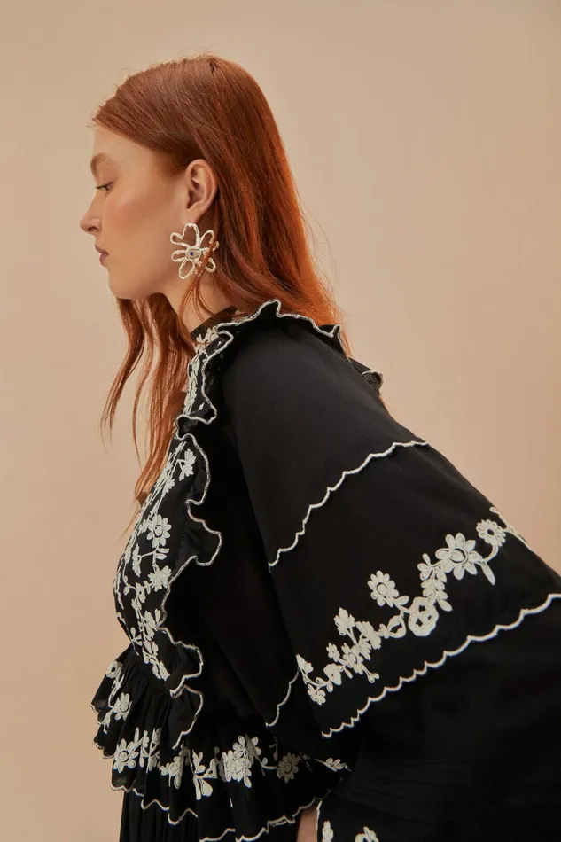 Black Embroidered Ruffle Longe Sleeve Blouse Women FARM Rio Blouses Black Embroidered Ruffle Longe Sleeve Blouse Women FARM Rio Blouses