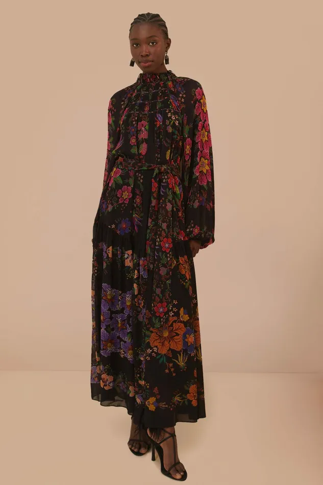 Black Floral Scarves High Neck Maxi Dress Women FARM Rio Maxi Dresses Black Floral Scarves High Neck Maxi Dress Women FARM Rio Maxi Dresses