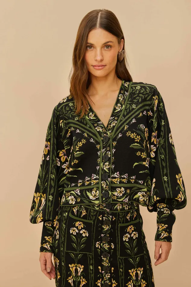 Black Flowers Arch Knit Cardigan Women FARM Rio Cardigans