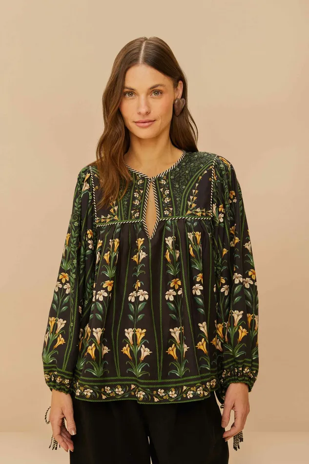 Black Flowers Arch Lenzing Ecovero Euroflax Blouse Women FARM Rio Blouses