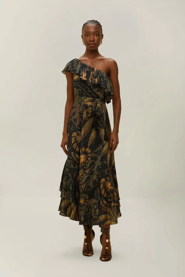 Black Golden Foliage OneShoulder Maxi Dress Women FARM Rio Maxi Dresses