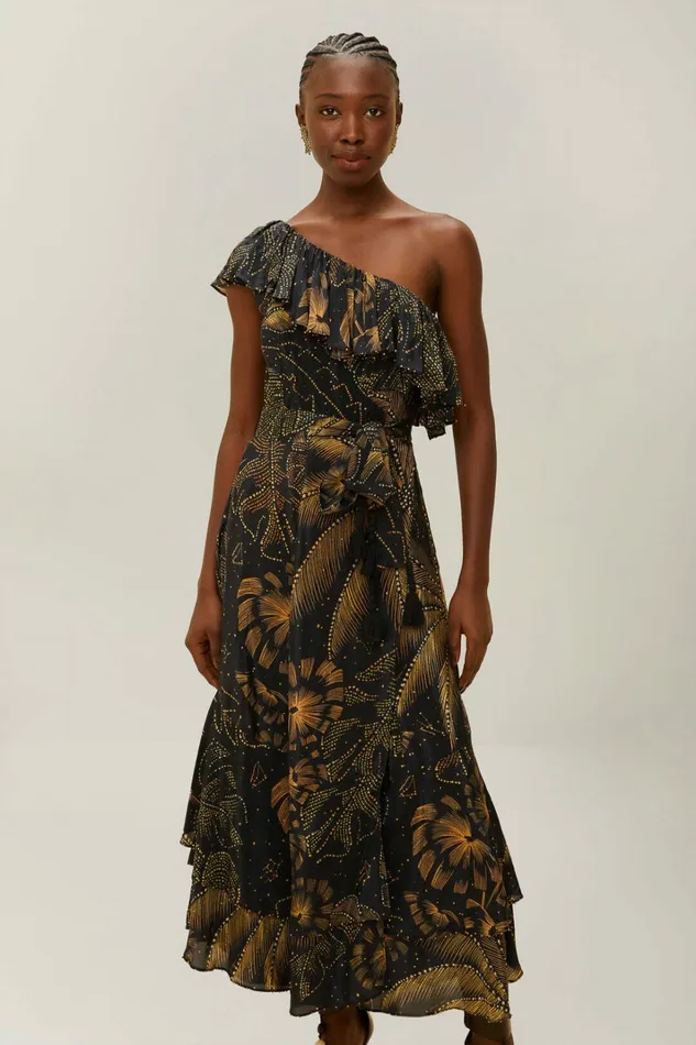 Black Golden Foliage OneShoulder Maxi Dress Women FARM Rio Maxi Dresses Black Golden Foliage OneShoulder Maxi Dress Women FARM Rio Maxi Dresses