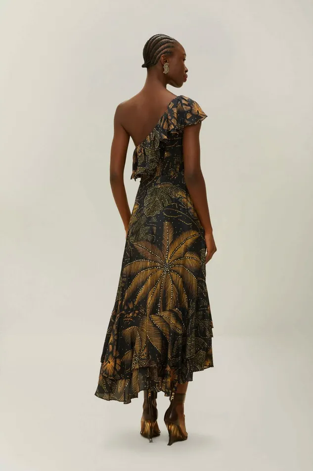 Black Golden Foliage OneShoulder Maxi Dress Women FARM Rio Maxi Dresses Black Golden Foliage OneShoulder Maxi Dress Women FARM Rio Maxi Dresses