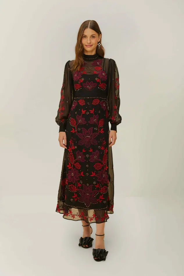 Black Organza Long Sleeve Midi Dress Women FARM Rio Midi Dresses