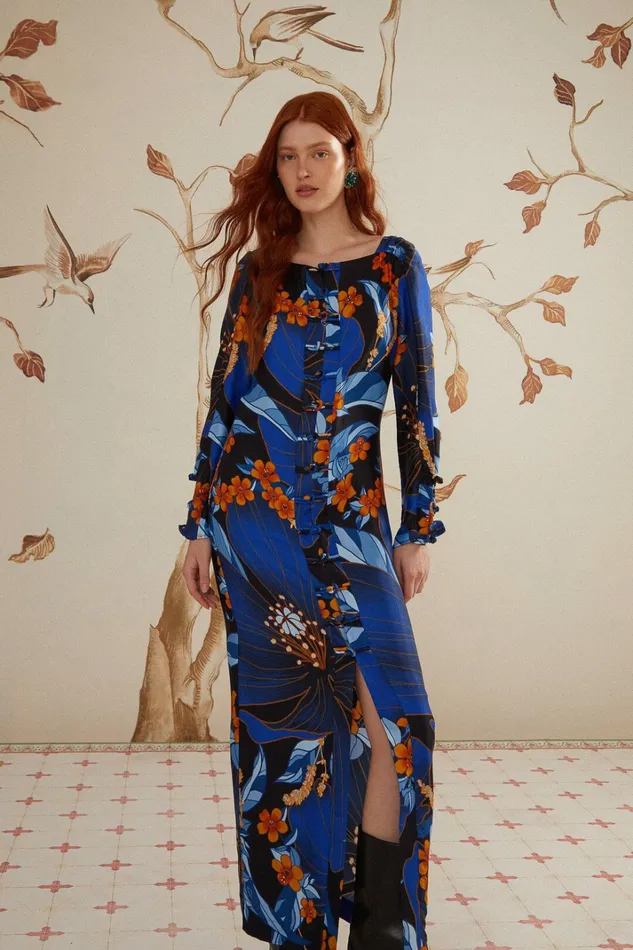 Black Pietra Floral Lenzing Ecovero Viscose Midi Dress Women FARM Rio Midi Dresses