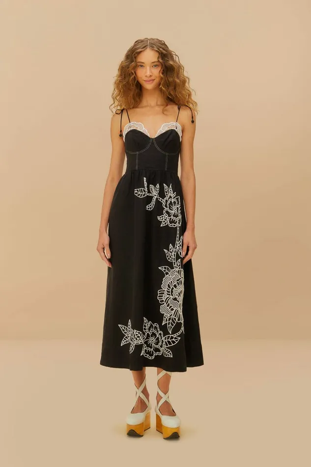 Black Richelieu Lace Euroflax Premium Linen Midi Dress Women FARM Rio Midi Dresses