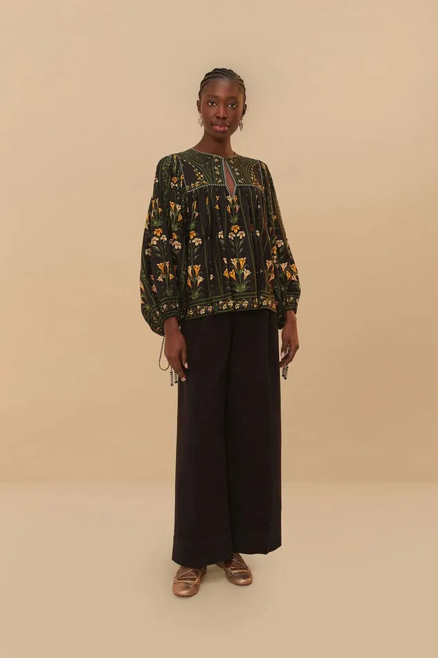 Black Twill Belted Wide Pants Women FARM Rio Pants