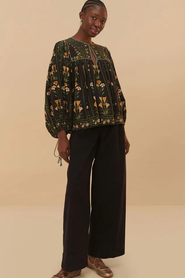 Black Twill Belted Wide Pants Women FARM Rio Pants Black Twill Belted Wide Pants Women FARM Rio Pants