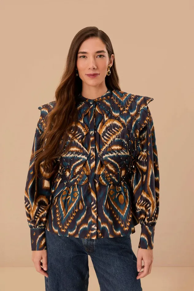 Blue Pineapple Ikat Long Sleeve Matelasse Blouse Women FARM Rio Blouses