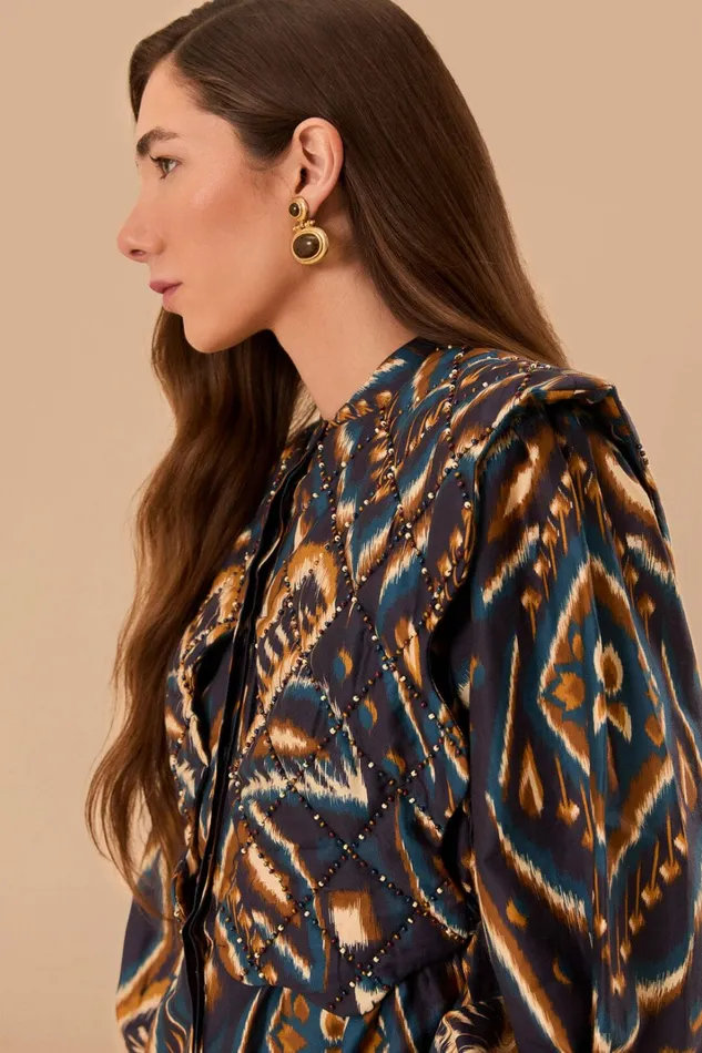 Blue Pineapple Ikat Long Sleeve Matelasse Blouse Women FARM Rio Blouses Blue Pineapple Ikat Long Sleeve Matelasse Blouse Women FARM Rio Blouses
