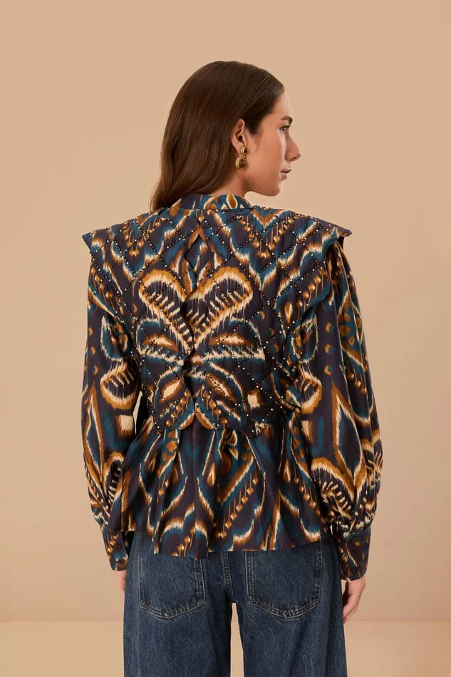 Blue Pineapple Ikat Long Sleeve Matelasse Blouse Women FARM Rio Blouses Blue Pineapple Ikat Long Sleeve Matelasse Blouse Women FARM Rio Blouses