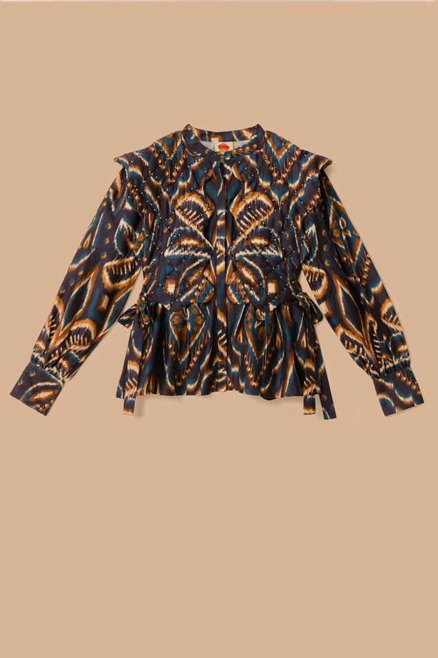 Blue Pineapple Ikat Long Sleeve Matelasse Blouse Women FARM Rio Blouses Blue Pineapple Ikat Long Sleeve Matelasse Blouse Women FARM Rio Blouses