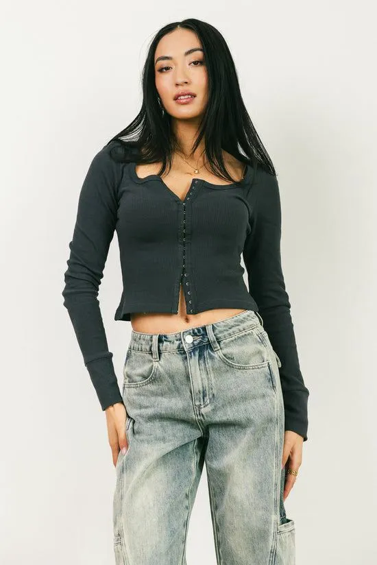 Bohme Abigail Waffle Knit Top In Charcoal Charcoal Women Tees and Tanks