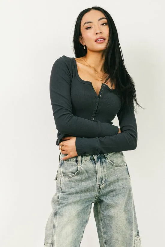 Bohme Abigail Waffle Knit Top In Charcoal Charcoal Women Tees and Tanks