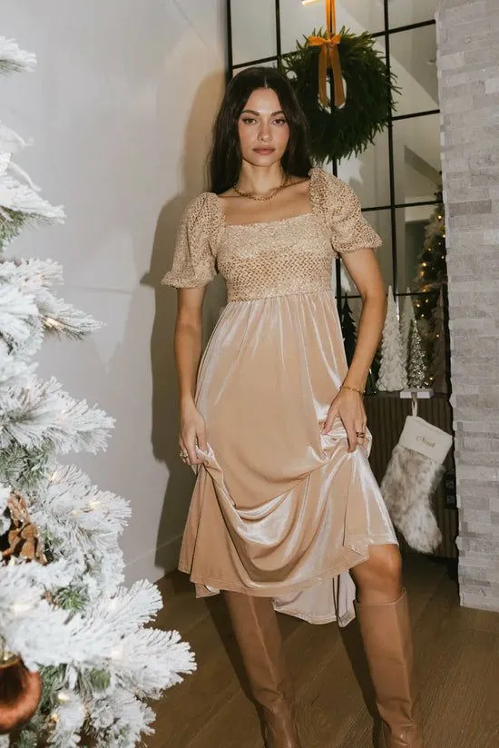 Bohme Callista Velvet Midi Dress Tan Women Dresses